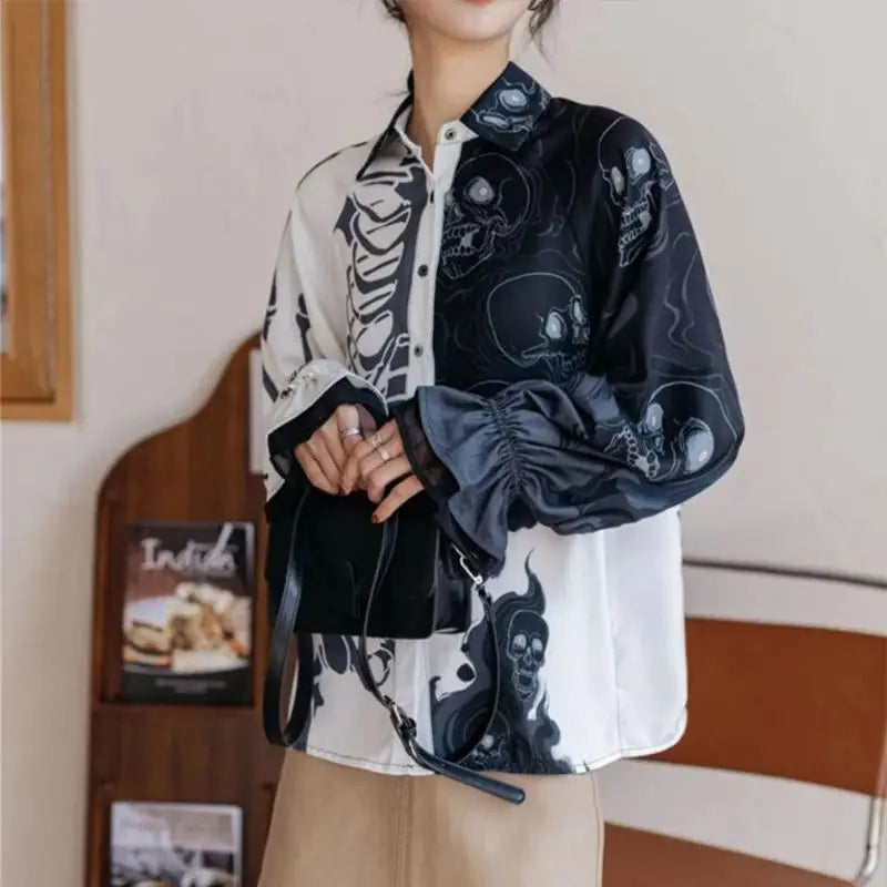 Y2K stylish blouses skull printing shirts lantern Sleeve with lace decor shirts blouses casual loose streetwears Blusas Mujer