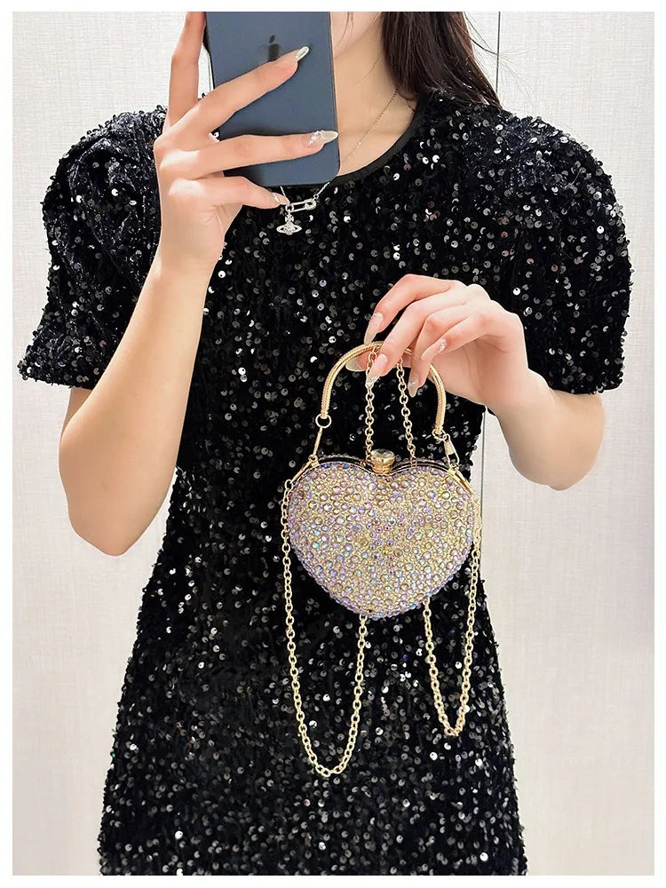 Luxury Diamond Inlay Heart Shape Crystal Clutch Purse Stones Evening Wedding Party Shoulder Bags Handle Rhinestone Mini Handbags