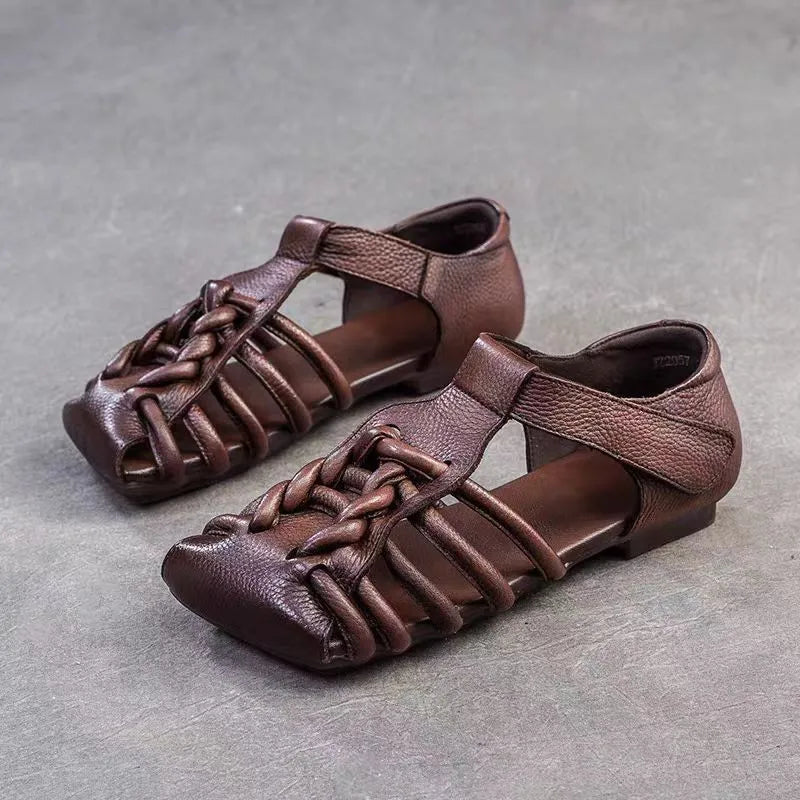Genuine Leather Sandals Women Handmade Woven Literary Style Hollow Flat Roman Sandals Ladies Summer Shoes Sandalias
