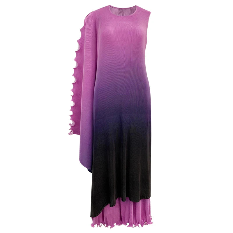 Miyake style  Pleated Bat Raglan Sleeve Irregular Dress Set Women 2025 New Fashion Original Designer Gradient Printing Two Piece Sets