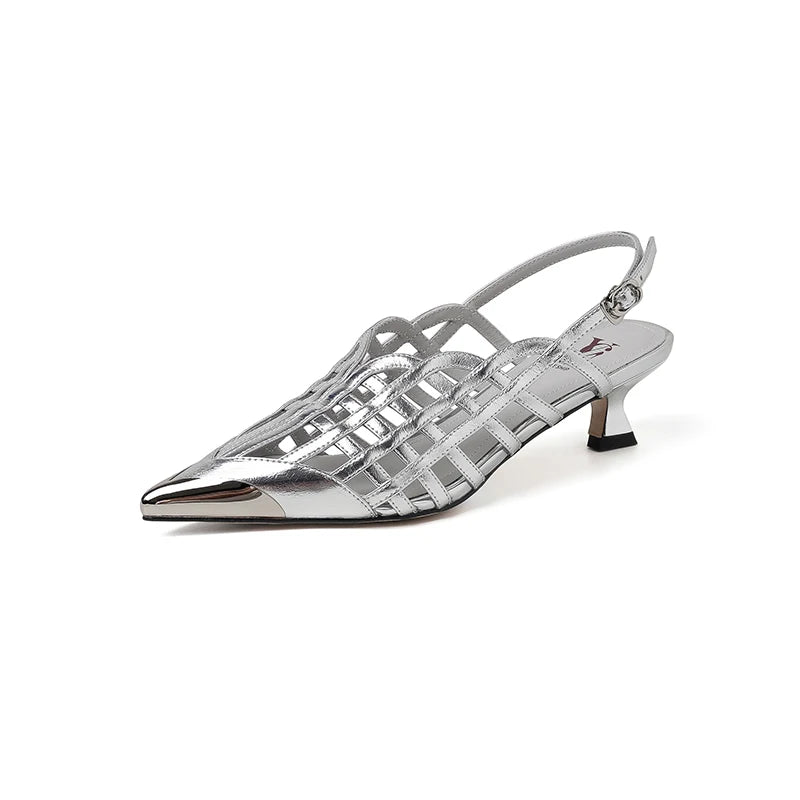Sexy Real Leather Sandals Women Covered Metal Head Toe Narrow Band Sandals Ladies Party Dating Summer Med Heels