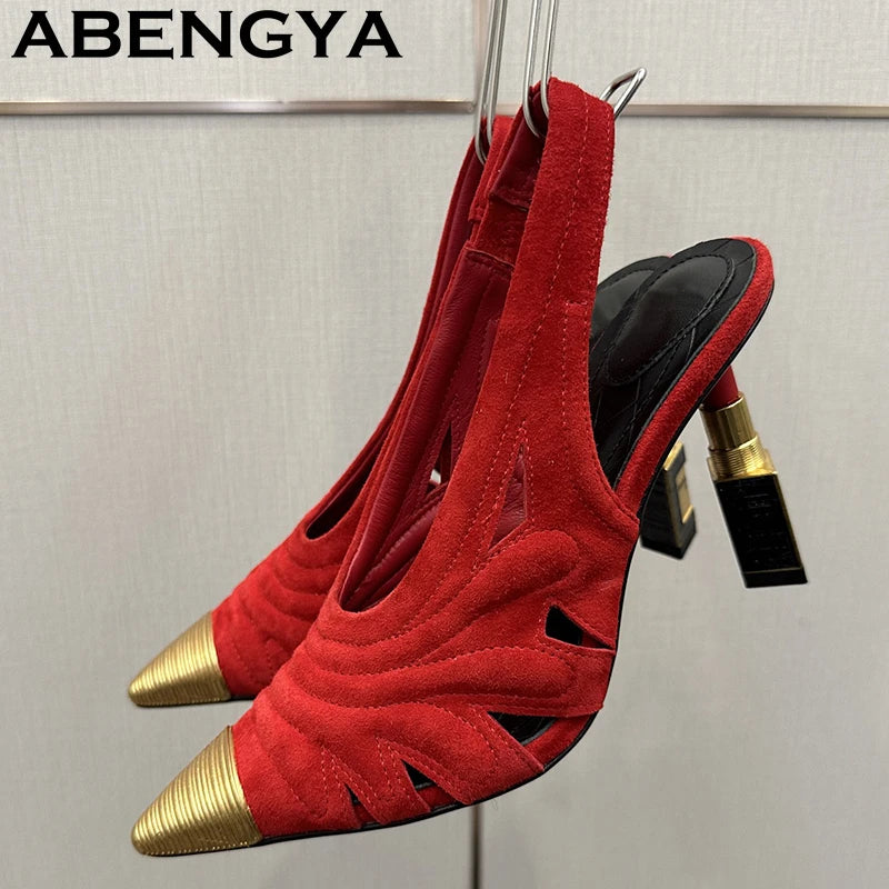 Fashion Strange High Heels Sandals Women Metal Pointy Toe Suede Slingbacks Pumps Summer Sexy Party Wedding Brides Shoes Female
