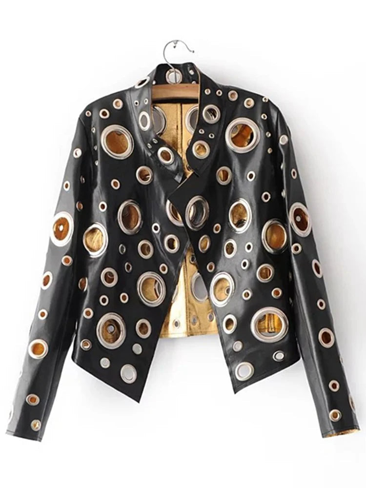 Rocker Runway Cut Out Short Faux Leather Jacket Golden Rivet Cool Stylish Designer Clothes Women European American Fashion 2022