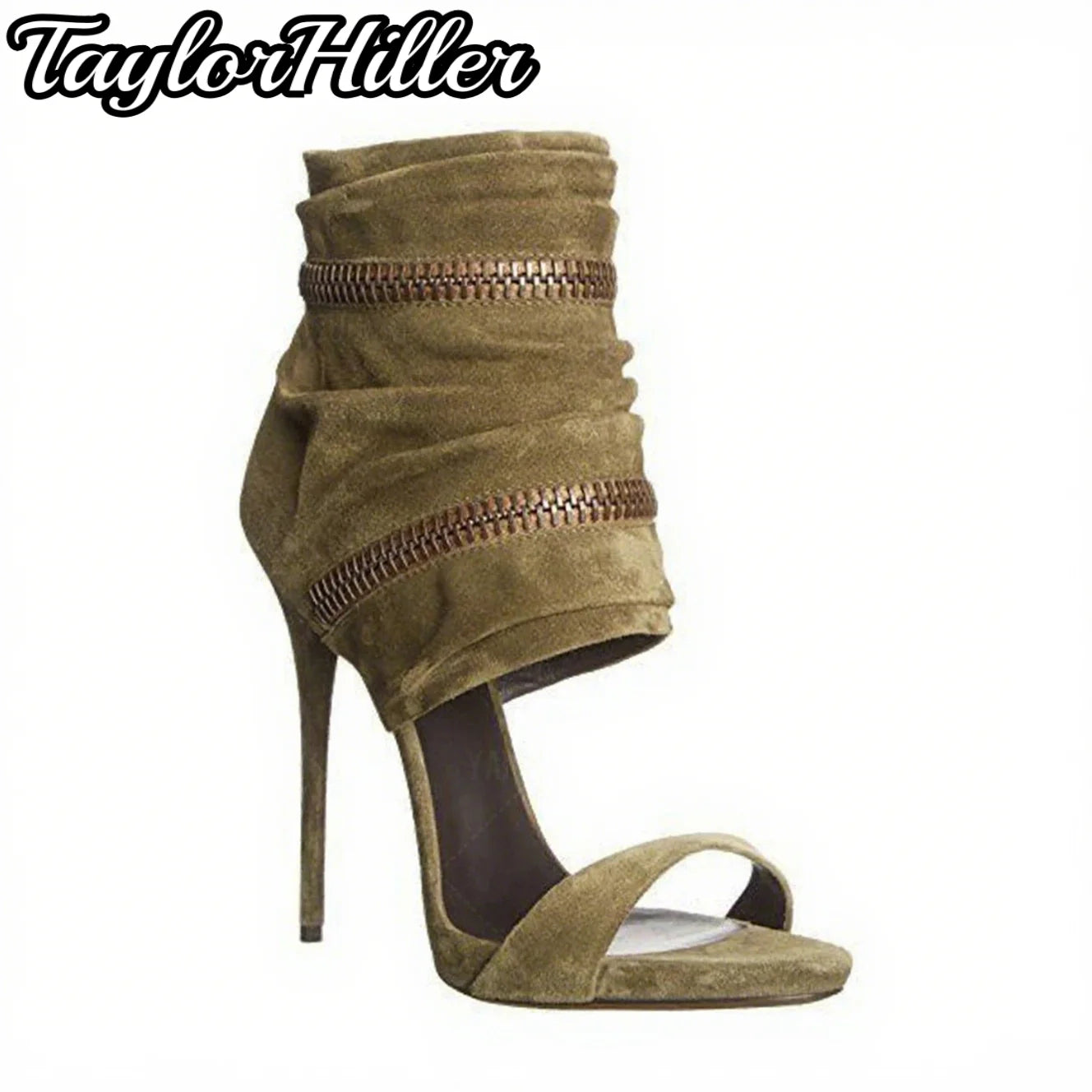 Green Suede One Strap Heeled Sandals Gladiator Pointed Toe High Heels Stiletto Women Luxury Designer Shoes Summer Zip Shoe 2025
