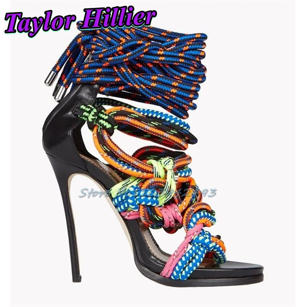 Gladiator Strappy Heels Colorful Rope Heeled Sandals Women Lace Up Open Toe Shoes Roman Style Weaving Band Stiletto Sandalias