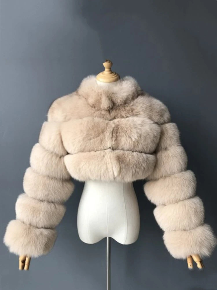 DEAT Fashion Women's Faux Fur Coat Stand Neck Long Sleeve Zipper Short Solid Color Thick Warm Jackets Winter 2024 New 7AB6434