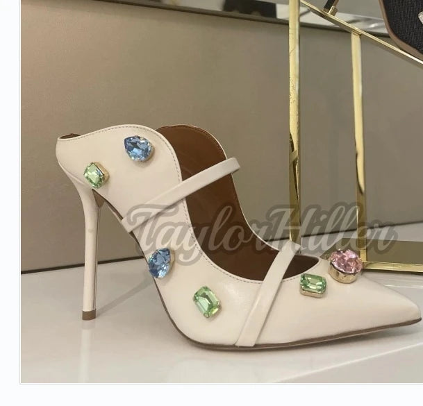 New Double Strappy Mule Sandals Gemstone Stiletto Pointy Toe High Heels Women Pull On Slip On Shoes Spring Summer Outer Slippers