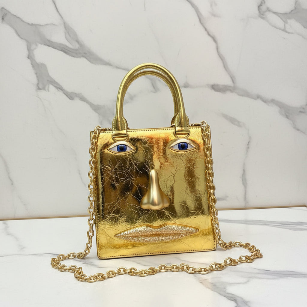 2026 Summer New Women's Surreal  Leather Handbag 3D Face Hand Grip Pattern Tote Bag Silver Patent Leather Square Versatile Shoulder Bag