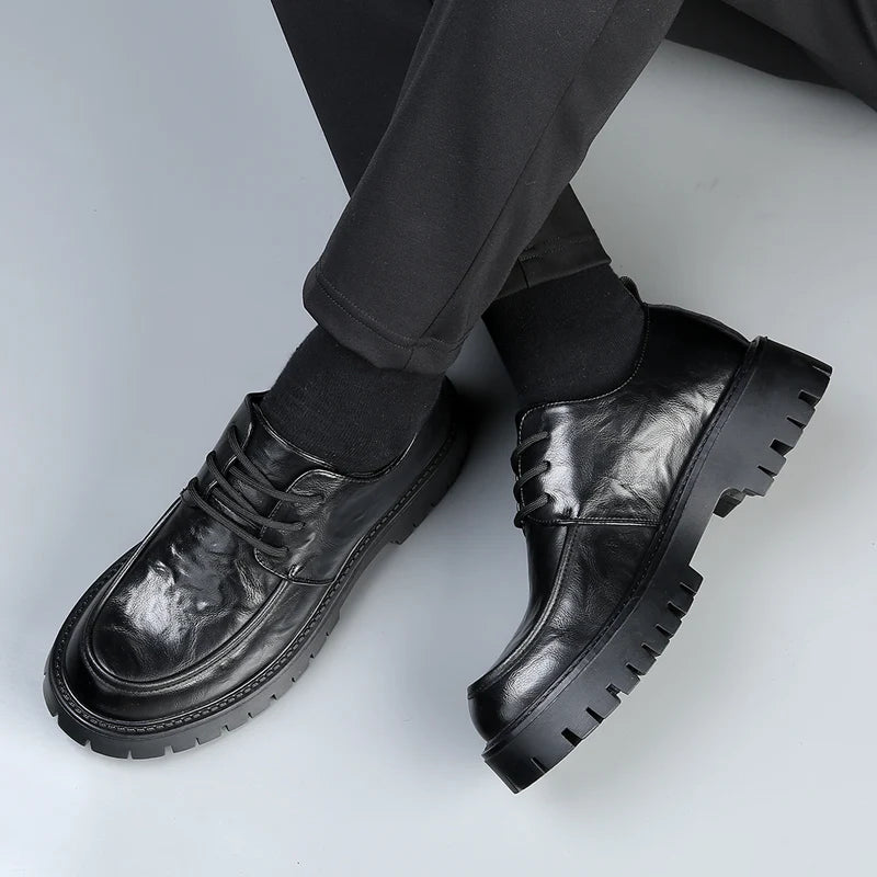 Men's Fashion Genuine Leather British Style Thick Bottom Work Shoes Classic Lace Up Comfortable Anti Slip Big Head Leather Shoes