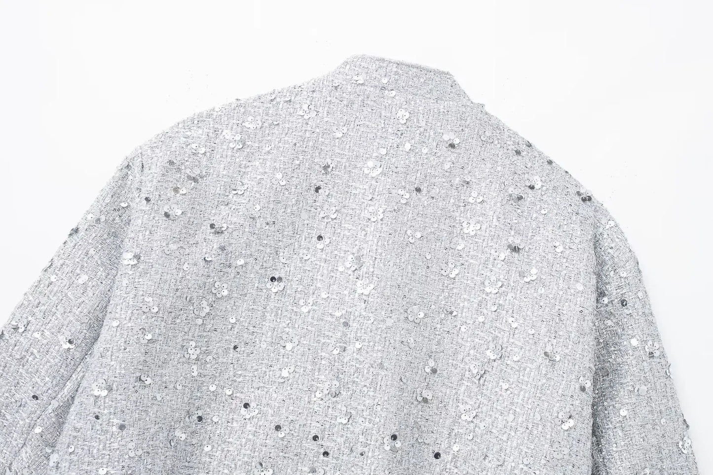 Women's Sequined Bomber Jacket Fall New Round Neck Long Sleeve Pocket Stretch Hem Sequins Jacket Coat Female Chic Outerwear