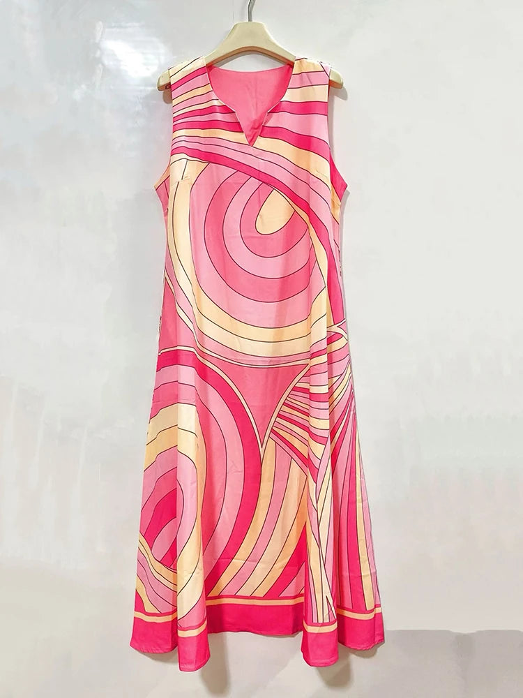 2026 Summer Women's Clothing Retro Geometric Print V-neck Pullover Sleeveless Dress Fashion Loose Large Size A-Line Tank Top