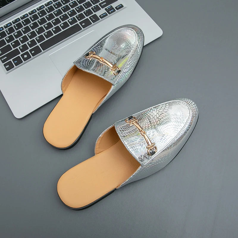 Fashion Brand Men's Cool Snake Skin Pattern Comfortable Half Back Leather Shoe Summer Men Breathable Bottom Casual Leather Shoes