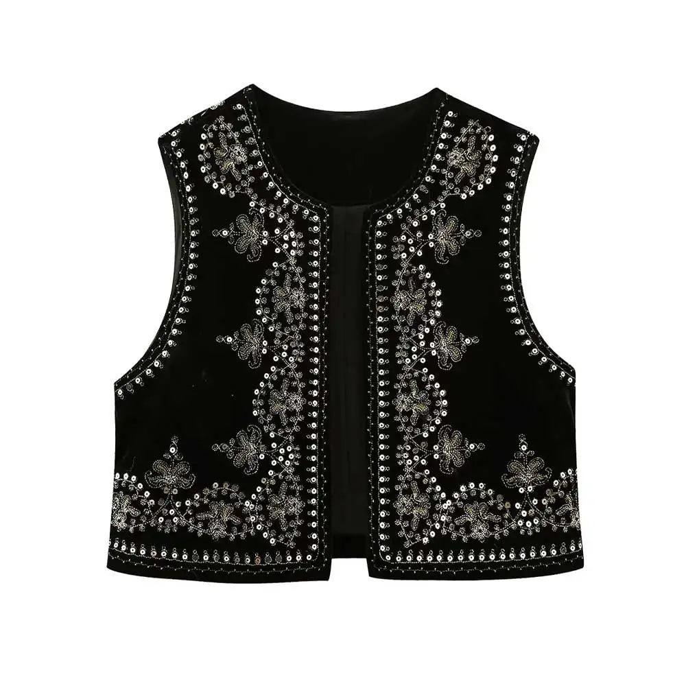 Women Fashion With Sequin Floral Embroidery Crop Waistcoat Vintage O Neck Sleeveless Female Outerwear Chic Vest Tops