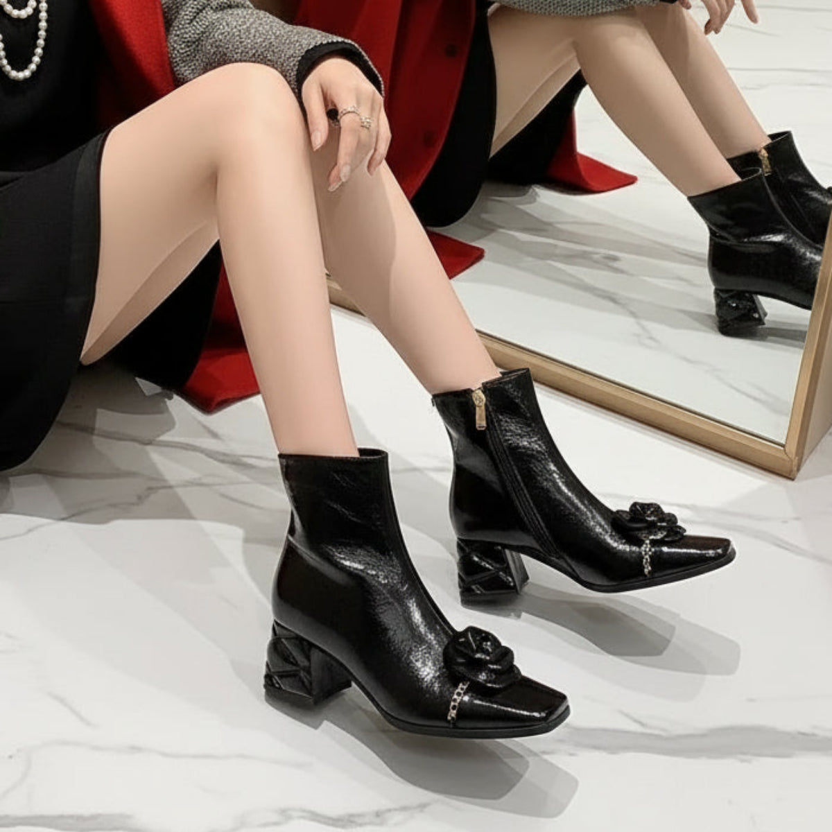 Genuine Leather Flower Metal Chain Short Boots Women Thick High Heels Young Ladies Mixed Color Boots Party Dating