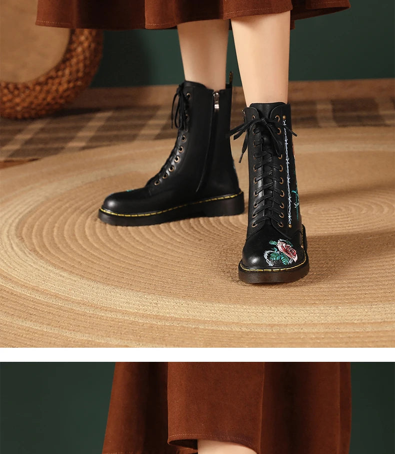 Ods Handmade Embroidery Rose Flower Retro Lace-up Mt Woman Genuine Leather Round Toe British Style Ankle Boots Big Size 40414243