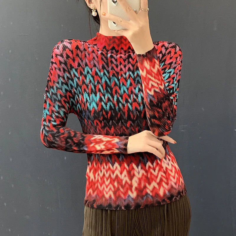 Miyake Pleated 2026 Spring and Summer New Fashion Tops Women's Long-sleeved Half-high Collar Printed T-shirt Bottoming Shirt
