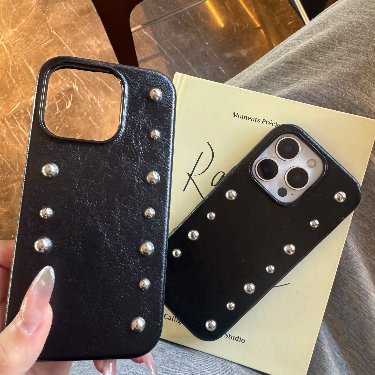Chic iPhone case Personality Advanced Silver round Rivet Solid Color Leather Shock Proof Phone Cover for iPhone 17Promax 16 15 14 13 Pro Max Case