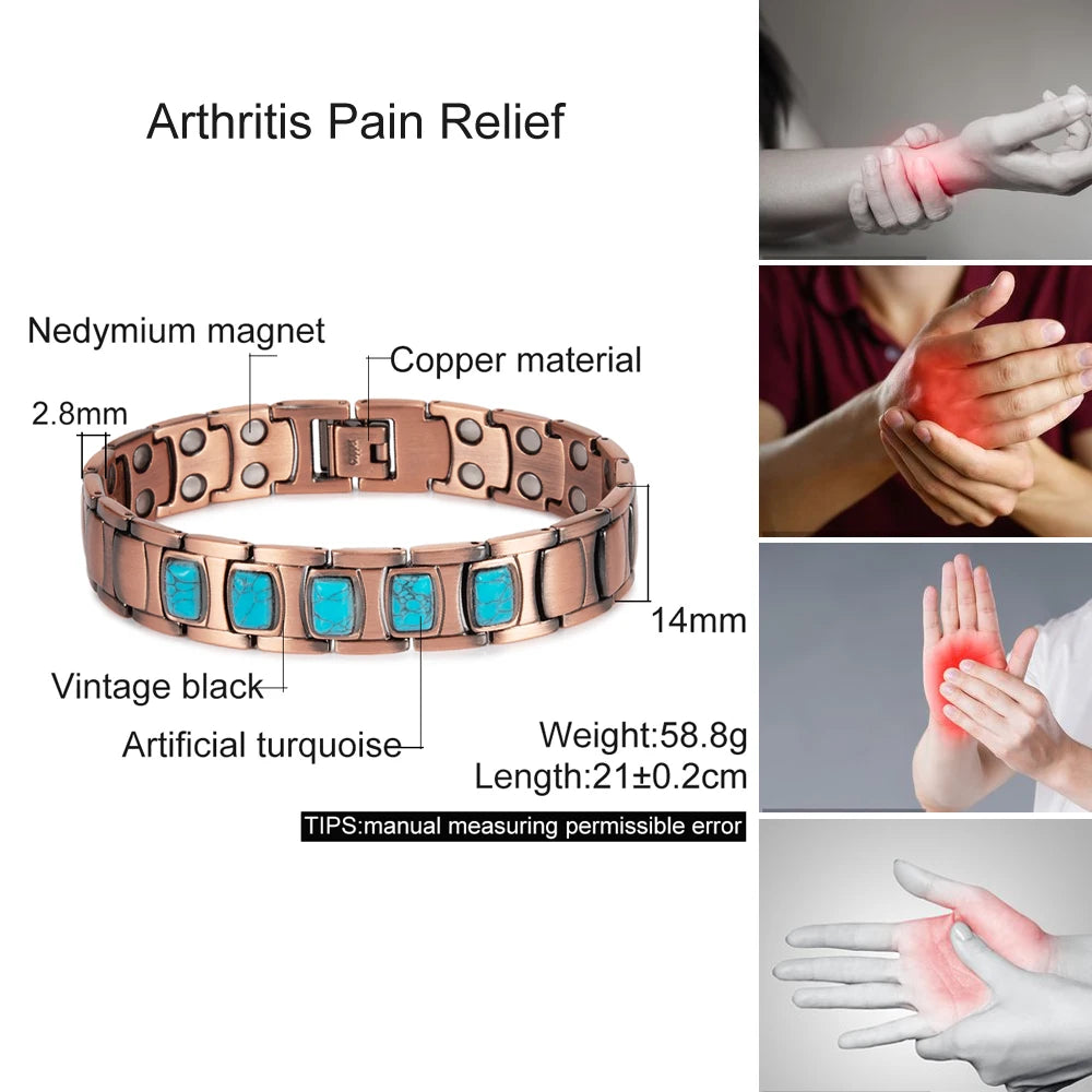 Pure Copper Magnetic Bracelet for Men Vintage Artificial Turquoise 14mm Wide Bracelets Benefits Chain Link Jewelry Waterproof