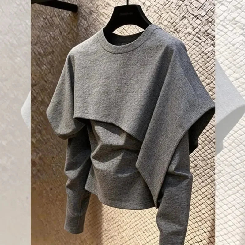 Limiguyue Spring Autumn Gray Pullover Shirts Women Daily Trendy Splice Long Sleeve Tops Loose Irregular Blouse Designer 180B