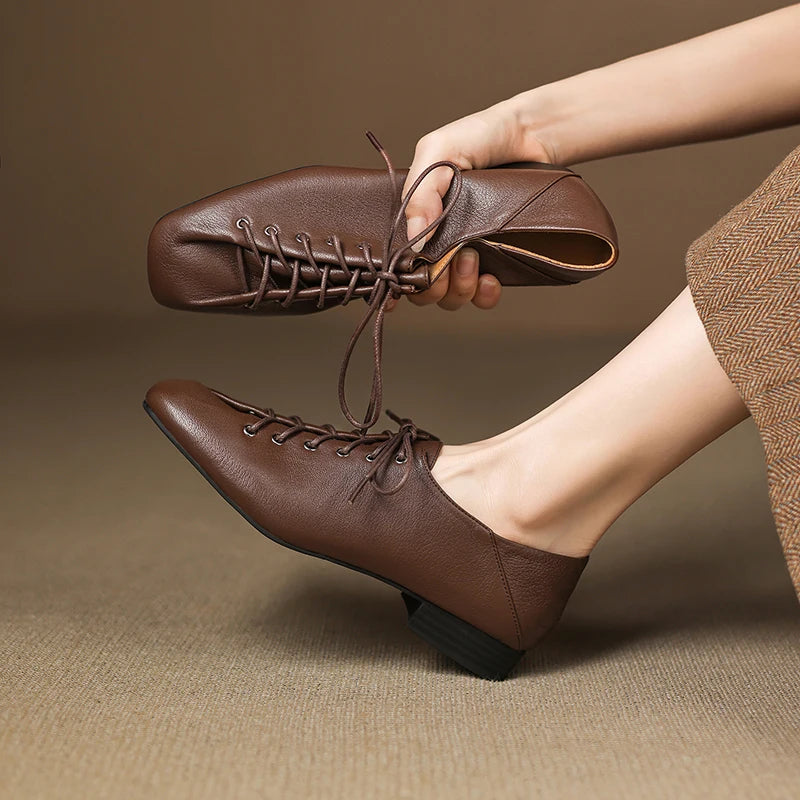 Soft Pumps Women Square Toe Lace Up Young Lady Casual Pumps For Students Low leather heels Heels Shoes