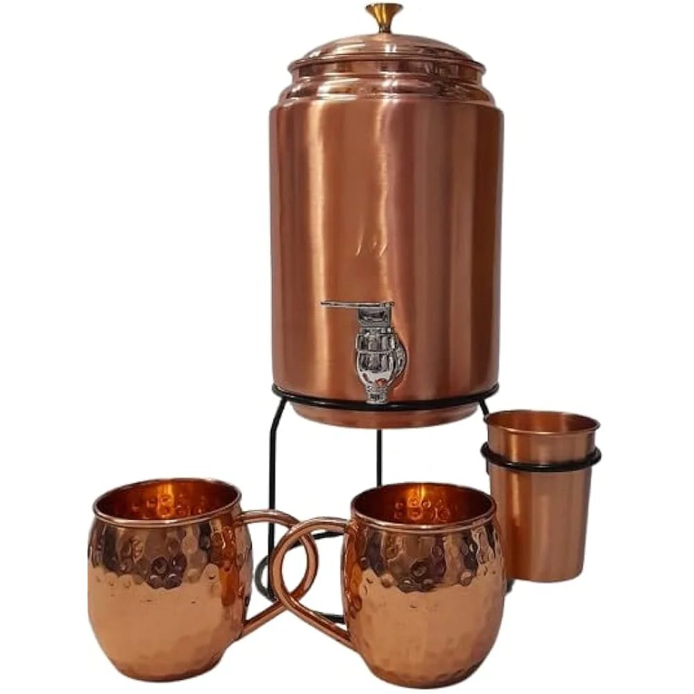 100% Pure Handmade Copper Water Dispenser 5L Glass Water Tap Hammered Copper Water Tank Metal Matki Eco-Friendly Bar Accessories