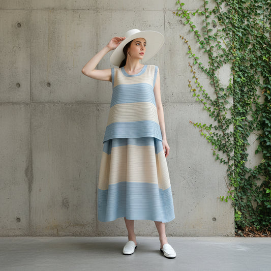 Miyake Pleated New Sleeveless Vest Tops Loose Button Skirts Large Size Two Piece Sets Women's Summer Fashion Designer Clothes