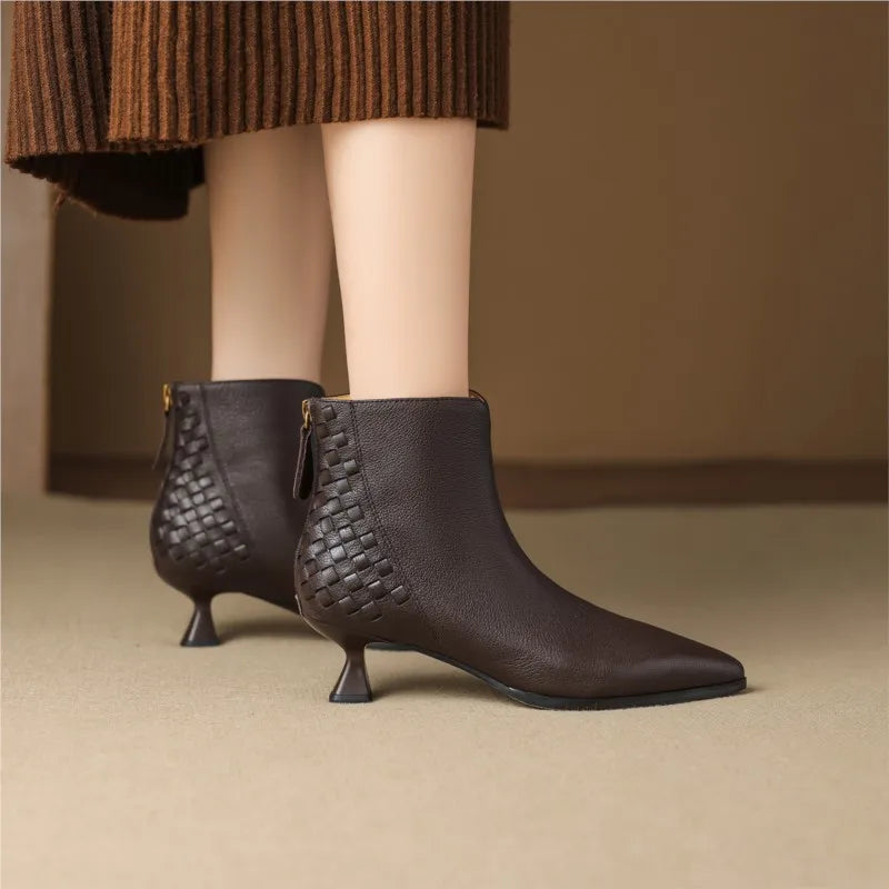 Elegant Sheepskin Leather Retro Ankle Boots Women Pointy Toe Med Thin Heels Office Lady Braided Boots Party