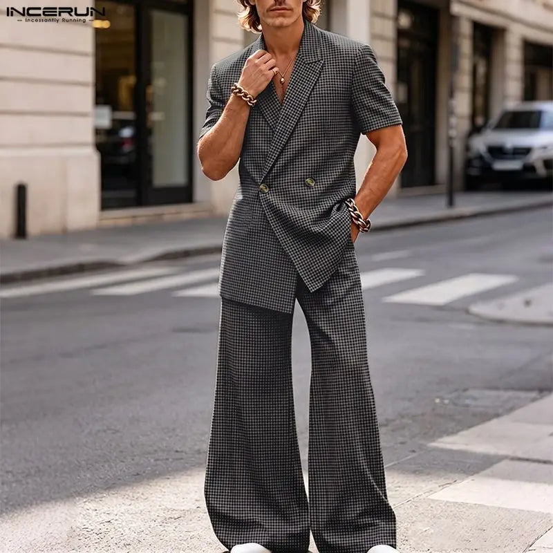 INCERUN Men Plaid Sets Lapel Short Sleeve Blazer Wide Leg Pants Two Piece Sets Streetwear Elegant 2026 Fashion Men Matching Sets