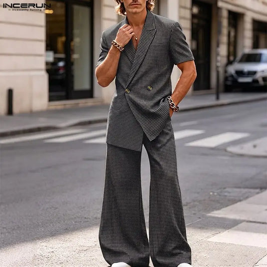 INCERUN Men Plaid Sets Lapel Short Sleeve Blazer Wide Leg Pants Two Piece Sets Streetwear Elegant 2026 Fashion Men Matching Sets