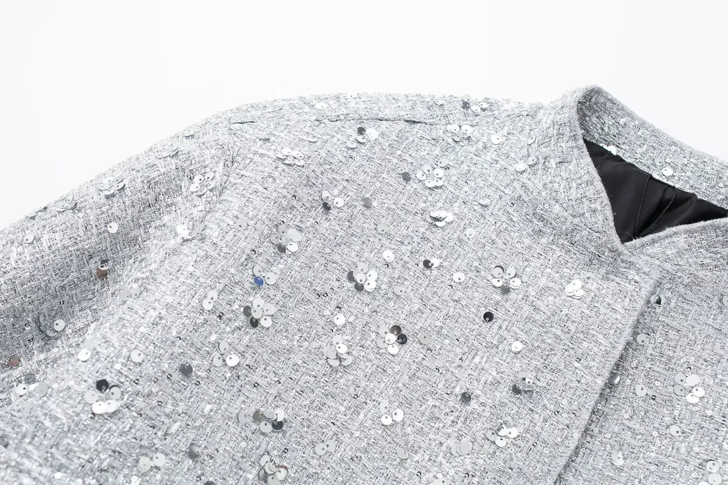 Women's Sequined Bomber Jacket Fall New Round Neck Long Sleeve Pocket Stretch Hem Sequins Jacket Coat Female Chic Outerwear