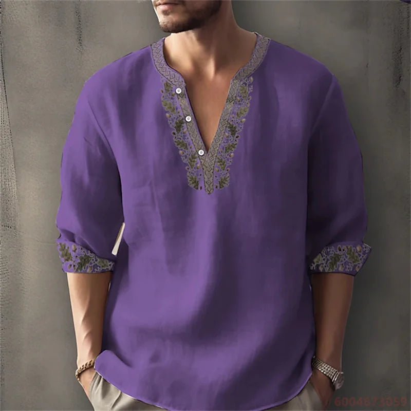 2026 Summer New Men's Fashion Printed Shirt, Henley Collar, Long Sleeve, Ethnic Style, Loose Fit, Breathable, Casual Men's Top