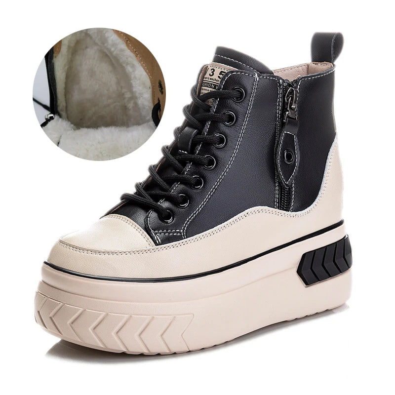 High Top Women Shoes Genuine Leather 8cm Platform Boots Ankle Wedge Hidden Heel Zip Autumn Warm Fur Winter Shoes Sneakers
