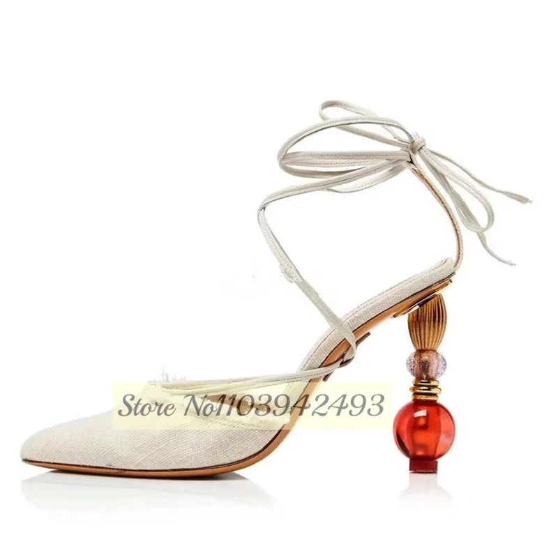 Light Blue Heels Lantern Heeled Sandals Women Strappy Pointed Toe Luxury Desigher Shoes Lace Up Solid White Blue Shoe Sandalias