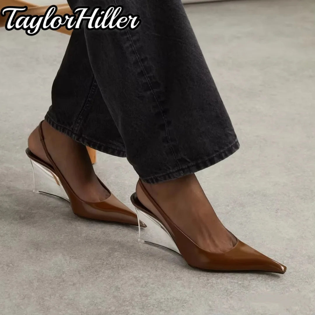 Slingbacks Brown Patent Leather Wedges Sandals Luxury Pull On Transparent High Heels Summer Sexy New Solid Black Shallow Shoes