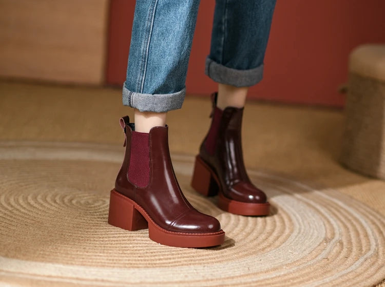 Winter Genuine Leather Chelsea Boots Women Shoes Retro Round Toe Women Platform Thick Heels Short Booties Autumn