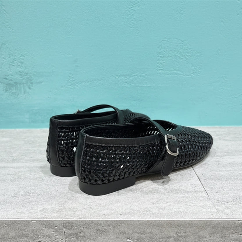 In style Fashion Summer Woven Women Ballet Flats Breathable Hollow out Mary Janes Leather Lazy Walking Loafers Girls Shoes