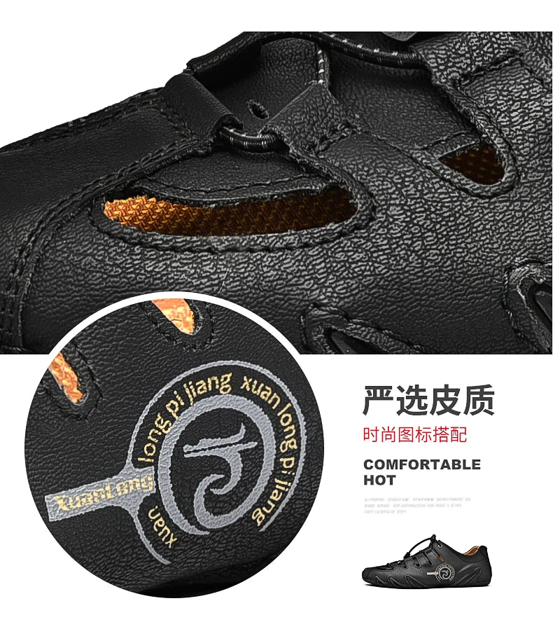 Men's slippers flat bottomed beach breathable genuine leather business casual non slip lightweight hollow out outdoors sandals