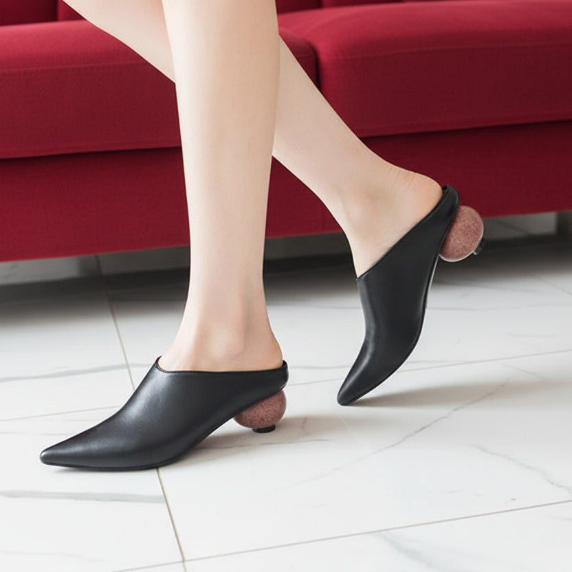 Genuine Leather Mules Women Pointed Covered Toe Med Ball Shape Heel Office Ladies Slippers Strange Heel