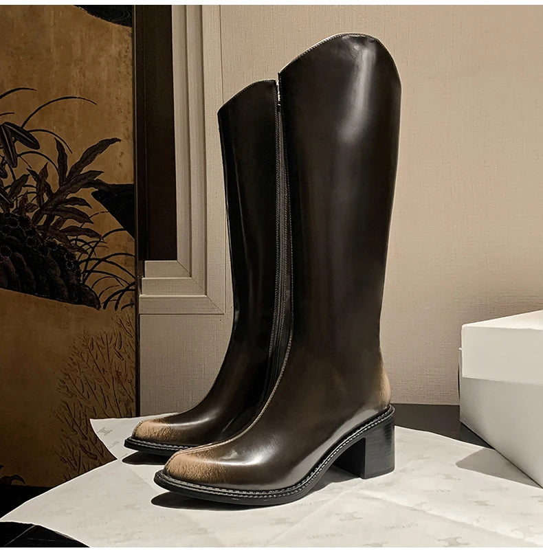 Ods New Women Genuine Leather Pointed Toe Knee High Boots Black White Brown Side Zipper Female Shoes Thick Heel Plus Size 42