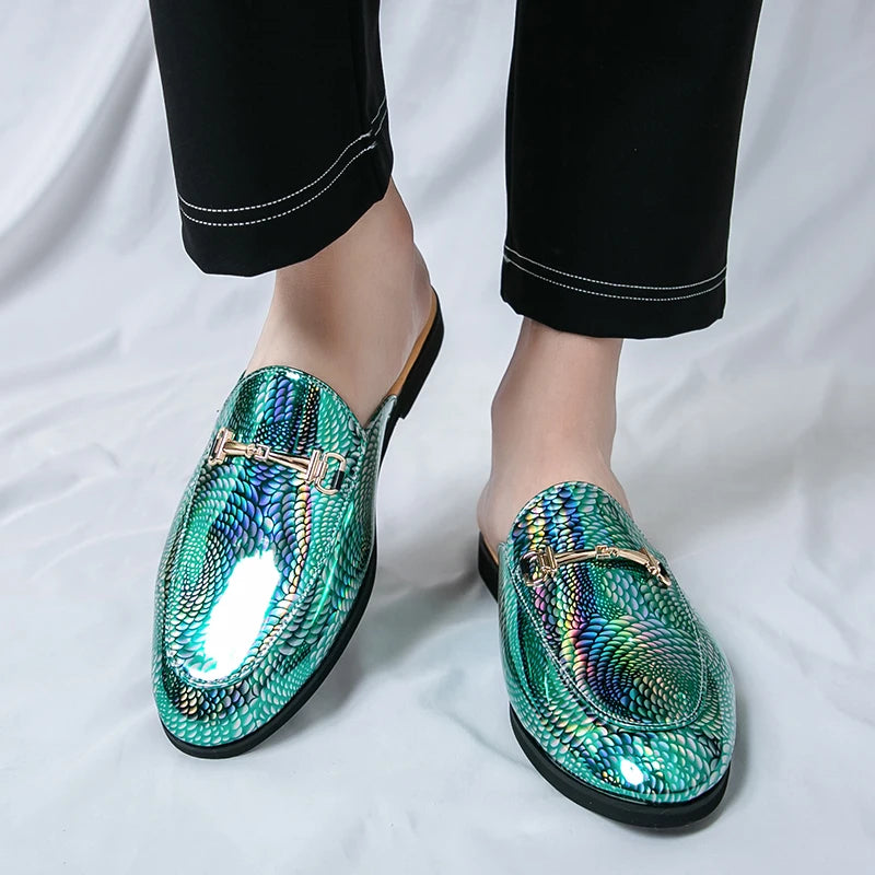Fashion Brand Men's Cool Snake Skin Pattern Comfortable Half Back Leather Shoe Summer Men Breathable Bottom Casual Leather Shoes