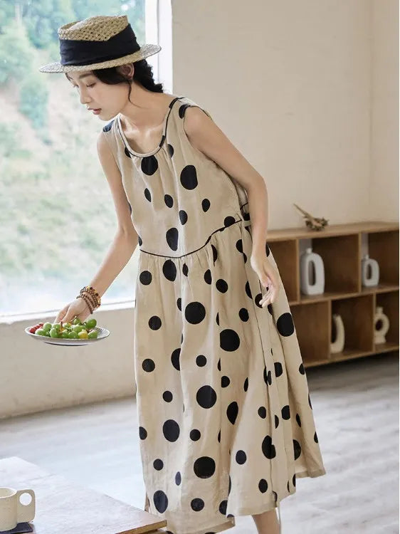 Faionable Polka Dot Svel Vest Dr Women's Summer Loose Forest System A-Line Midi Skirt Slimming Midi Dr
