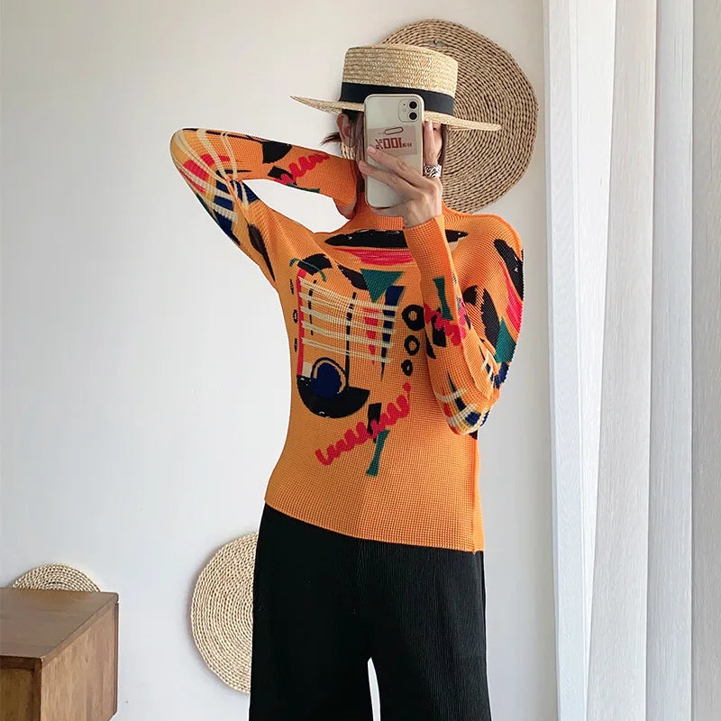 Miyake Pleated Contrasting Colors T-shirt Women Half Turtleneck Skinny Pullover 2025 Summer Fashion Female Clothing