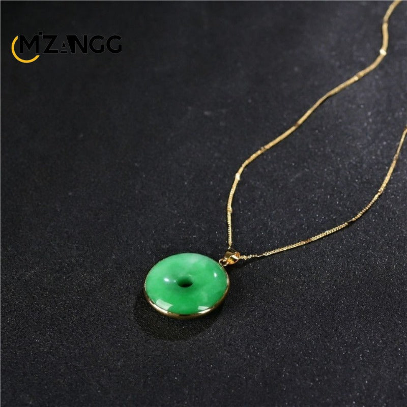925 Silver Inlaid Natural Yang Green Jade Peace Buckle Goodluck Pendant  Men's and Women's Lutong Jadeite Necklace Exquisite Jewelry