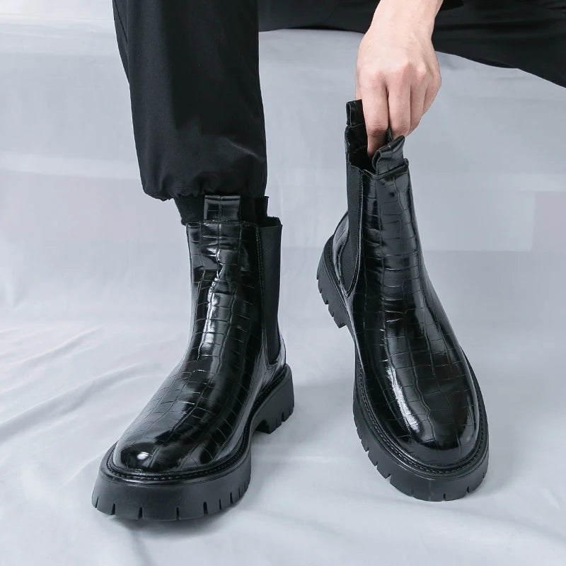 2025 Fashion Brand Men's Comfortable Fit Thick Soled Chimney Boots Autumn New High Top Chelsea Boots Plus Large Workwear Boots