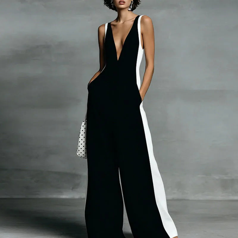 Women's Sexy Deep V Neck Wide Leg Pants Jumpsuit Spring Elegant Striped Print Patchwork Romper Summer Sleeveless Zipper Overalls
