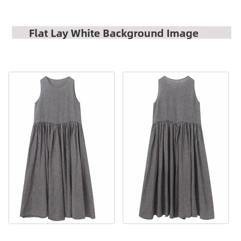 Summer New Women's Cotton Lin Loose Casual Dr High Waist A-Line Skirt Svel Vest Dr Cheered Pattern plus Size