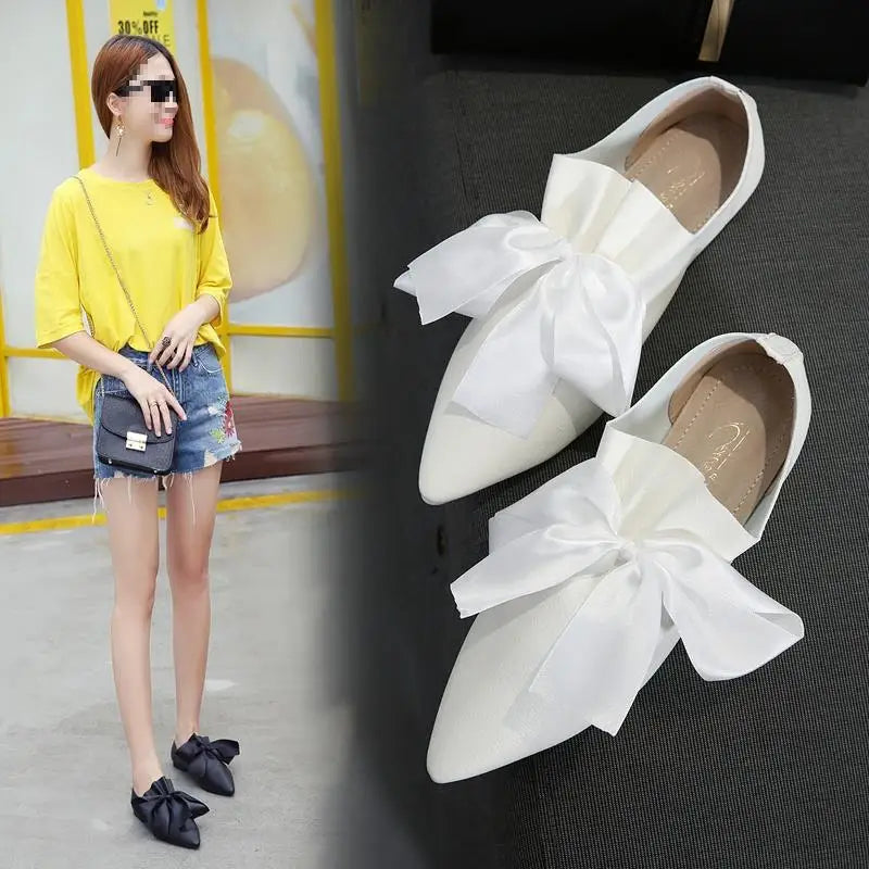 European Catwalk Shoes Woman Pleated Leather Flats 2025 Silk Bow-knot Ballerinas Ladies Espadrilles Barefoot Pointed Toe Loafers