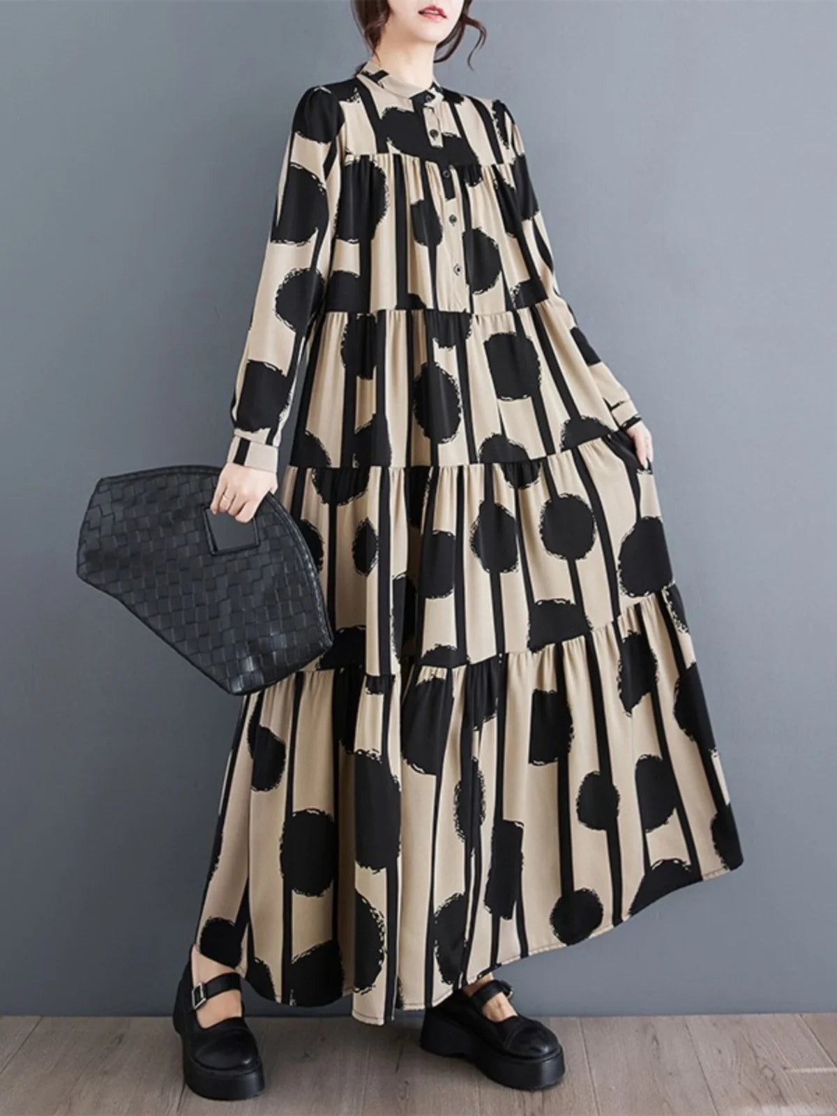 Ele Long Dr Women's Spring Autumn High Waist A-Line Polka Dot Print Maxi Skirt Faionable Bell Sve High Ne