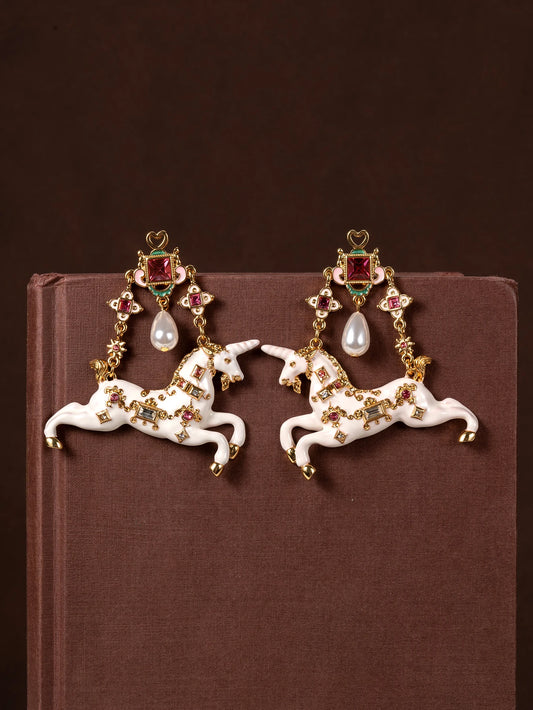 1 Pair of Vintage Multi-Element Pink Geometric Rhinestone-Encrusted Unicorn Luxurious and Cute Earrings Suitable for Women's Daily Wear, Gifts, and Dance Party Accessories