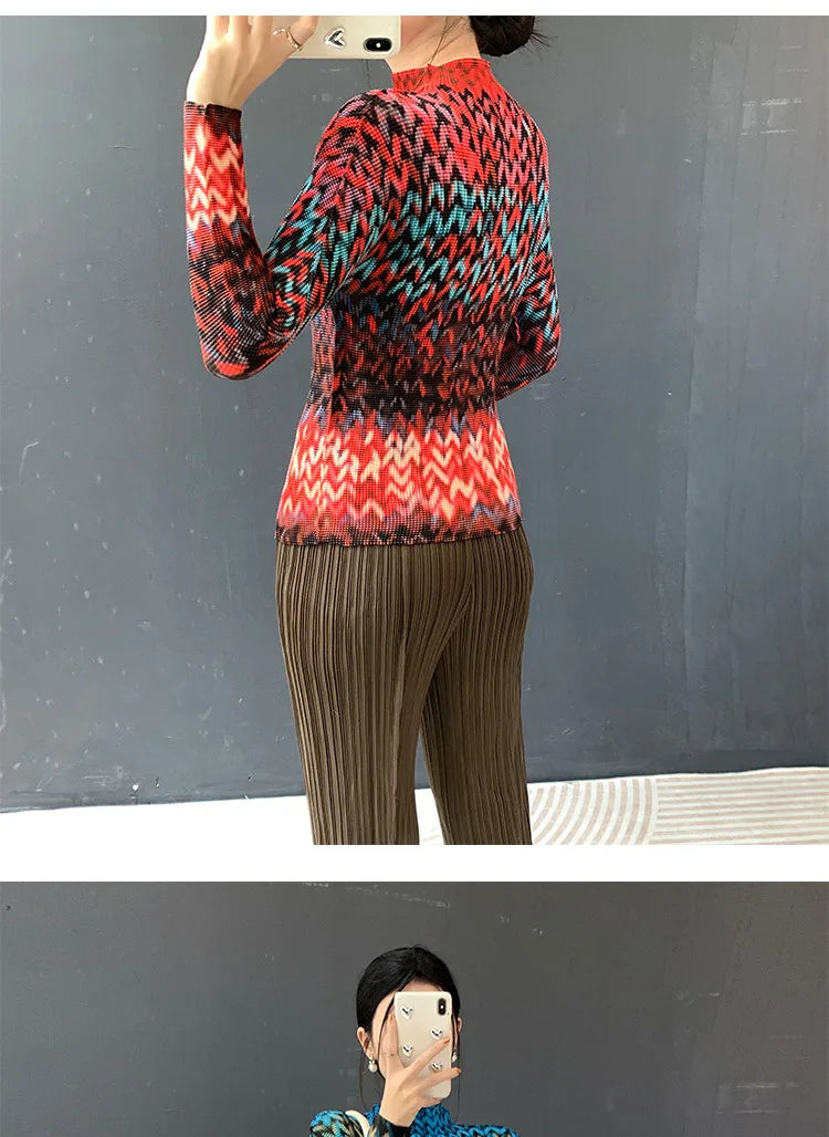 Miyake Pleated 2026 Spring and Summer New Fashion Tops Women's Long-sleeved Half-high Collar Printed T-shirt Bottoming Shirt